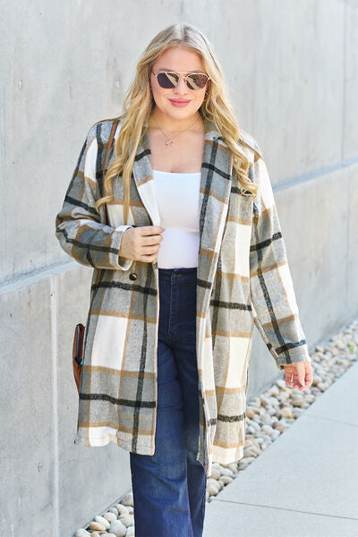 Double Take Plaid Button Up Lapel Collar Coat in 8 Colors