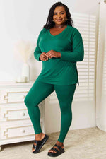 Zenana Lazy Days Long Sleeve Top and Leggings Set in Dark Green